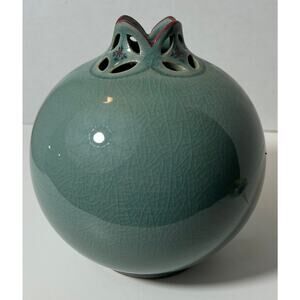 Vintage Japanese Celadon Crackle Glaze Vase with Floral Cutout Design 7"